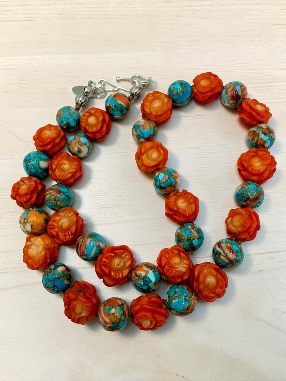 Artisan Spiny Oyster Mohave Copper Turquoise Coral Roses Sterling Necklace 18” - Picture 16 of 17